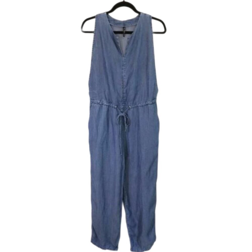 Zara‎ Lyocell Blue Chambray Denim Sleeveless Keyhole Drawstring Jumpsuit Size M